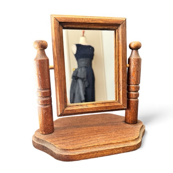 Vintage Brown Wooden Swivel Vanity Tabletop Mirror